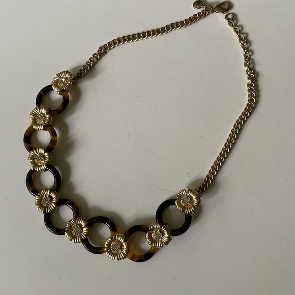 J Crew Necklace Tortoise Shell Statement Gold Flowers Rhinestone Link Ch… - Picture 2 of 7
